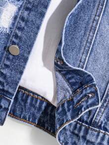 Tween  Boys' Denim Jacket, Casual Versatile Vintage Fashion All Season Distressed Open Front Lapel Long Sleeve Denim Jacket, Blue Childrens Denim Jacket Jean Jacket For Kids Kids Jean Jacket Boys Blue Denim Jacket Distressed Denim Jacket Kids Fall Winter