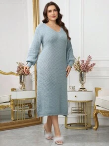 Modelyn 大码女式纯色凤凰羊毛灯笼袖休闲百搭毛衣连衣裙 - 藍色 - 查看 4