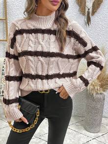 SHEIN LUNE Women's Contrast Color Striped Turtleneck Knit Sweater - Multicolor - View 4