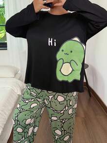 SHEIN Plus Size Cute Dinosaur Print Long Sleeve Top & Pants Pajama Set Dinosaur Pajamas Women, Fall Winter Clothes