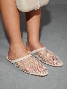 CUCCOO SZL 女士镂空透气设计尖头平底鞋，黑色网眼平底鞋，适合日常穿着和居家 - 杏色 - 查看 7