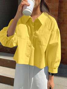 INAWLY 女士纯色口袋设计休闲宽松短款长袖衬衫 - 芥末黃 - 查看 4