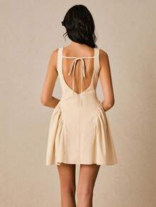 女式纯色船领无袖褶皱修身迷你连衣裙 - 卡其色 - 查看 3