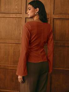Poéselle Women's Casual Solid Color Bell Sleeve Boat Neck Blouse - Rust Brown - View 3