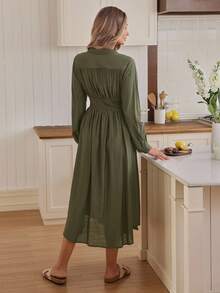 Louniche Women's Elegant Formal Office Commute Casual Holiday Party Vintage Teacher Autumn Middle Eastern Style Solid Mandarin Collar Waistband Elastic Waist A-Line Asymmetric Hem Long Sleeve Maxi Dress - Army Green - View 2