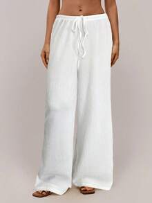 SHEIN Forever 21 Women's Solid Color Drawstring Waist Wide Leg Loose Casual Pants - White - View 3