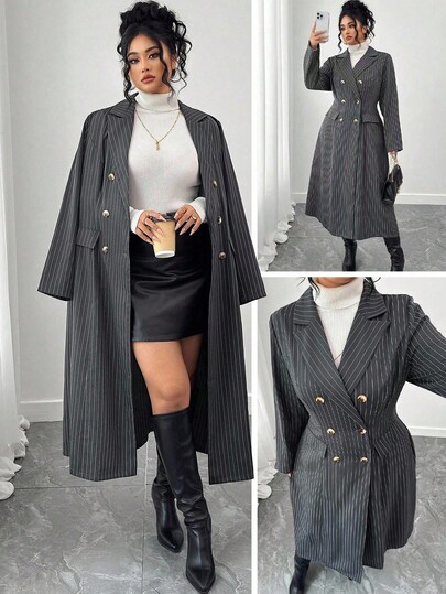 Elenzga بلوزة نسائية أنيقة بياقة وأكمام طويلة ضيقة الخصر، مخططة باللون الأبيض والرمادي، مزدوجة الصدر، مقاس كبير