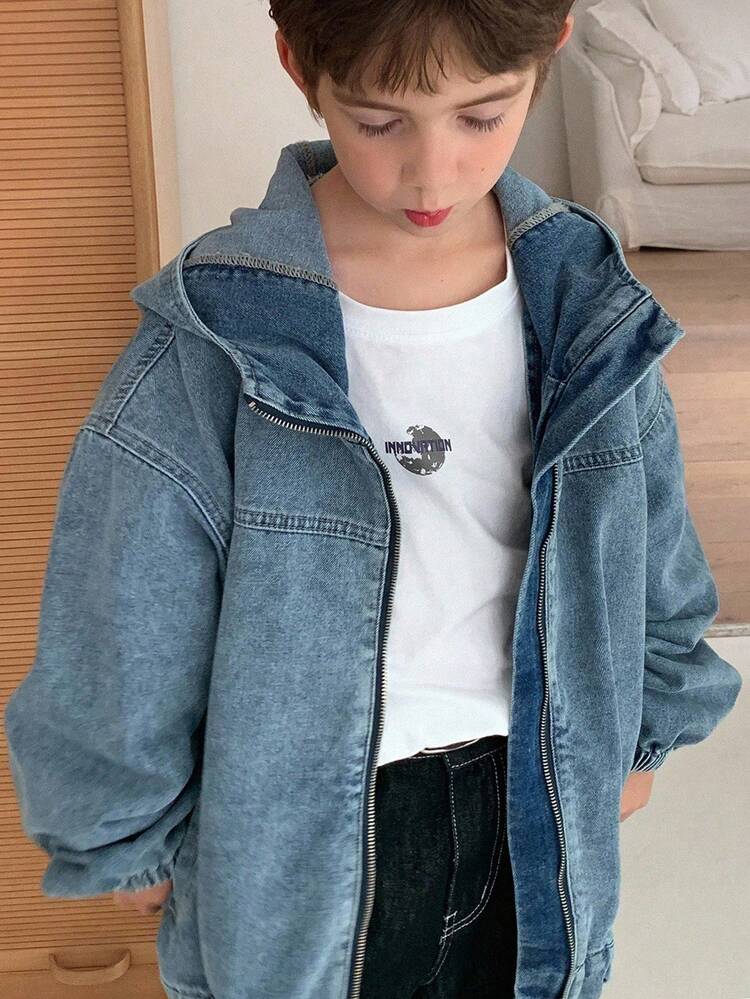 Tween Boys Loose Casual Hooded Denim Jacket And Coat, Cool And Stylish Outerwear For Autumn