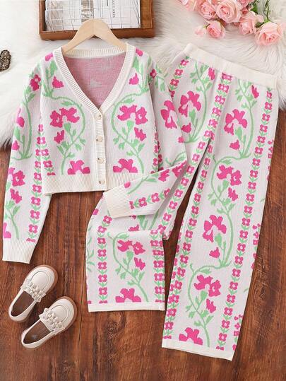 Sparklyn 2pcs/Set Girls Floral Cardigan And Pants Set, Vintage Fashion Knitted Casual Outfit For Autumn/Winter Tween Girl Clothes Pants Set Girls Pant Set Kids Pants Sets All Over Floral Pant Set Girls Floral Pant Set Kids Set Cotton Girl Clothes Autumn And Winter Girls Spring And Autumn Suit Girls Autumn And Winter Clothes Girls Sweater Sets Girls Knit Set Tween Matching Set Knit Girl S Spring And Autumn Suit Oufit Set Kids Kids Clothes Sets Girls Coord Sets Girls' Floral Pattern Knitted Two-Piece Suit