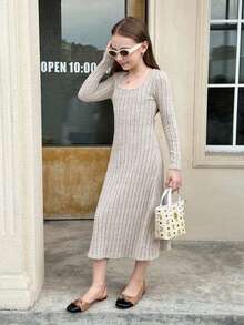 SHEIN Vestito a maniche lunghe con vita stretta in maglia a costine per ragazze pre-adolescenti, adatto per abbigliamento casual, ritorno a scuola, cerimonie, uso quotidiano, scuola, viaggi, sport, autunno/inverno