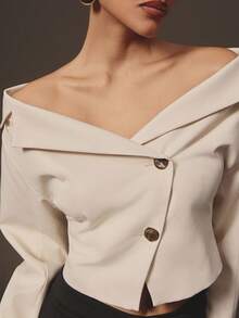 Hauture Top tailleur décontracté sexy pour femmes à col large et manches longues - Nude - Voir 3