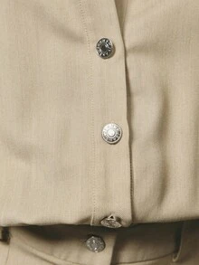 Hauture 女式纯色落肩长袖单排扣休闲衬衫连体裤 - 卡其色 - 查看 4