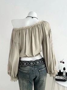 SHEIN Unity 露肩蕾丝拼布灯笼袖衬衫 - 卡其色 - 查看 2