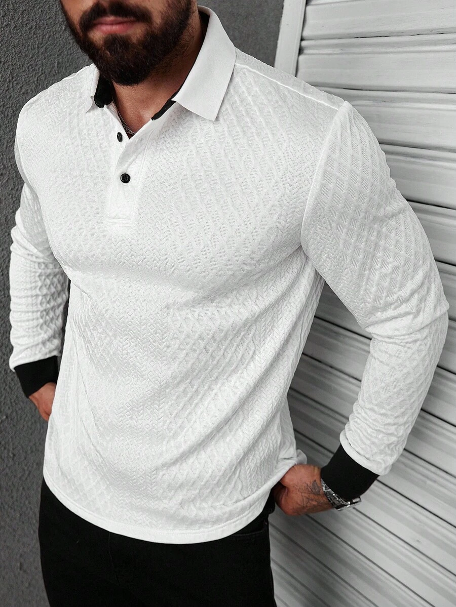 Manfinity CasualCool Herren Kontrast-Farbiges, strukturiertes Langarm Lässig Pendler Weiß Langarm Poloshirt, Old Money, Herbst - Schwarz und Weiss - Übersicht 1