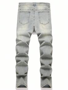 Manfinity Roughcore 大码男士浅蓝色复古做旧紧身牛仔裤 - 淺色水洗藍 - 查看 2