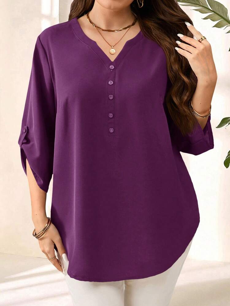 Plus Size Women's Purple Red 3/4 Sleeve Blouse, Early Spring/Fall/Winter