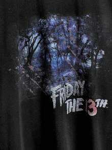 Friday the 13th X ROMWE Women's Casual Fashion Street Goth Style Letter & Tree Pattern Contrast Stripe 2-In-1 Loose T-Shirt, Spring/Autumn - Black - View 10