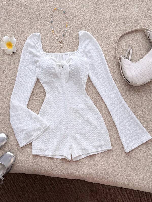 Mono de manga larga con volantes para adolescentes, mono de vacaciones ajustado con textura, mono blanco, mono de playa, mono ajustado