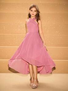 Girls' Round Neck Sleeveless Dress, Elegant Ruffle Hem Party Dress For Halloween, Christmas - Pink - View 4