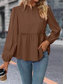 荷叶边灯笼袖荷叶边衬衫，女士休闲纽扣，荷叶边下摆长袖立领常规版型常规黑色主教袖荷叶边女式衬衫，春/秋，休闲日常穿着荷叶边上衣 - 棕色 - 查看 3