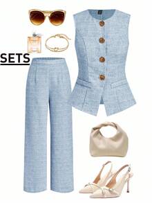 Ellevyn Women's Round Neck Sleeveless Plaid Metal Button Faux Pocket Linen-Like Wide Leg Pants Elegant Suit Set For Daily Wear And Commuting