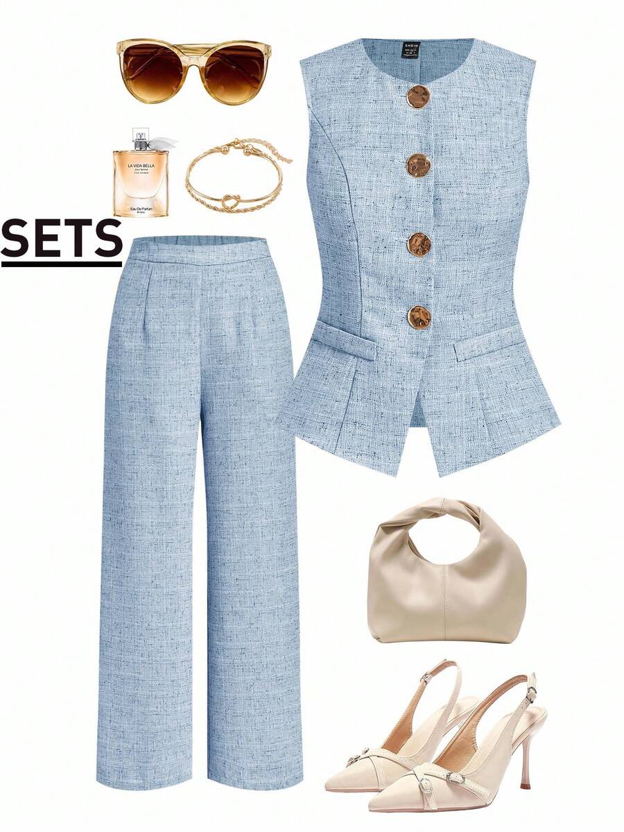 Ellevyn Women's Round Neck Sleeveless Plaid Metal Button Faux Pocket Linen-Like Wide Leg Pants Elegant Suit Set For Daily Wear And Commuting