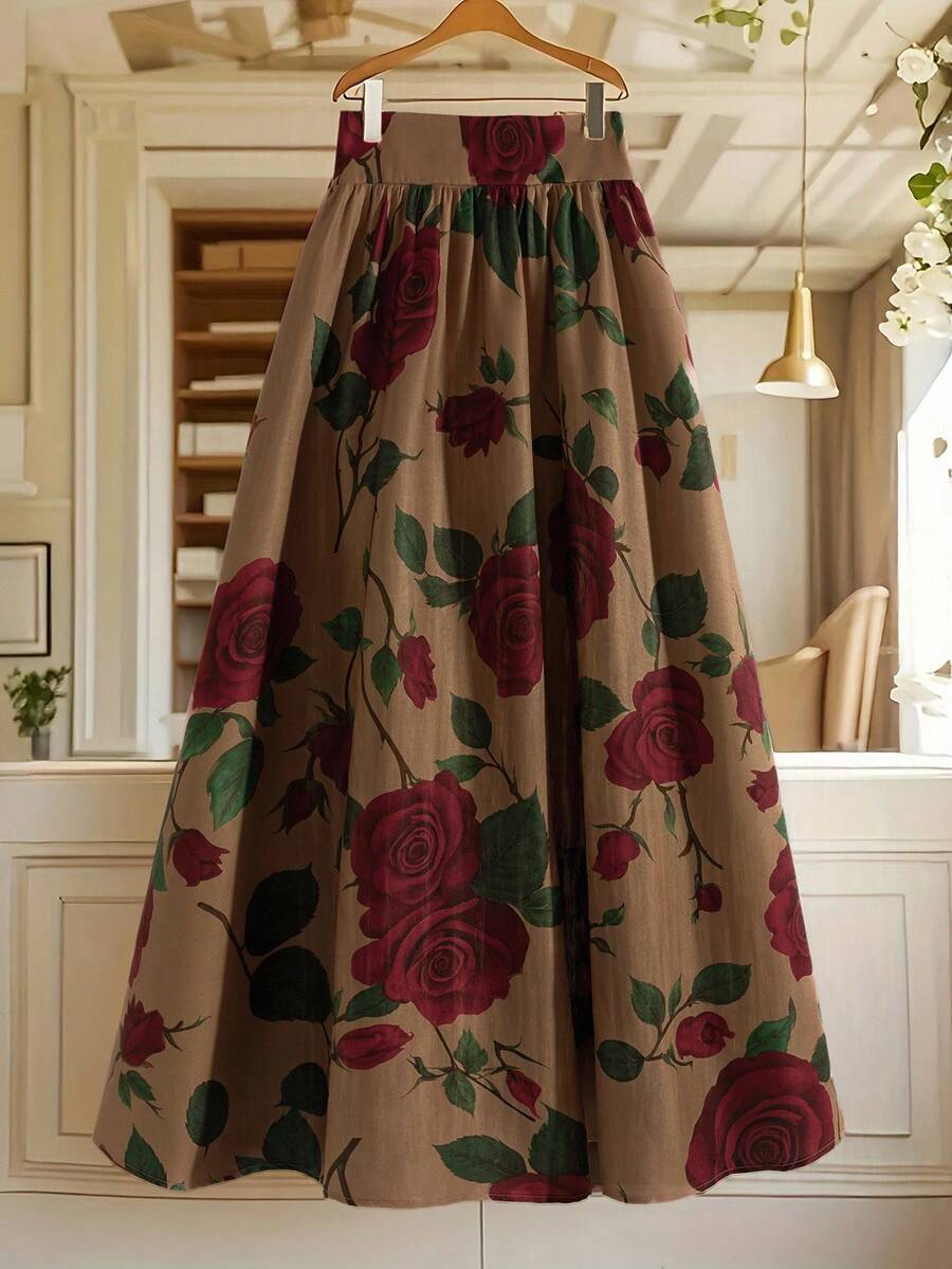 GlowEve 女士优雅休闲大花灰棕色喇叭裙 - 彩色 - 查看 1