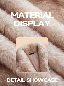 Anewsta 奢华蓬松人造毛领修身中长款大衣，冬季人造毛外套 - 米色 - 查看 4