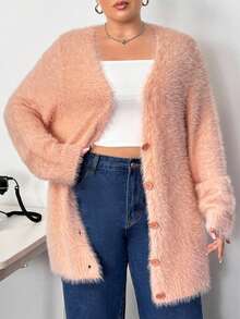 Truni Plus Size Women Pink Knitted Cardigan, Long Sleeve Long Style Knit Sweater Jacket In Fall/Winter, For Pear & Triangle Body Shape - Pink - View 3