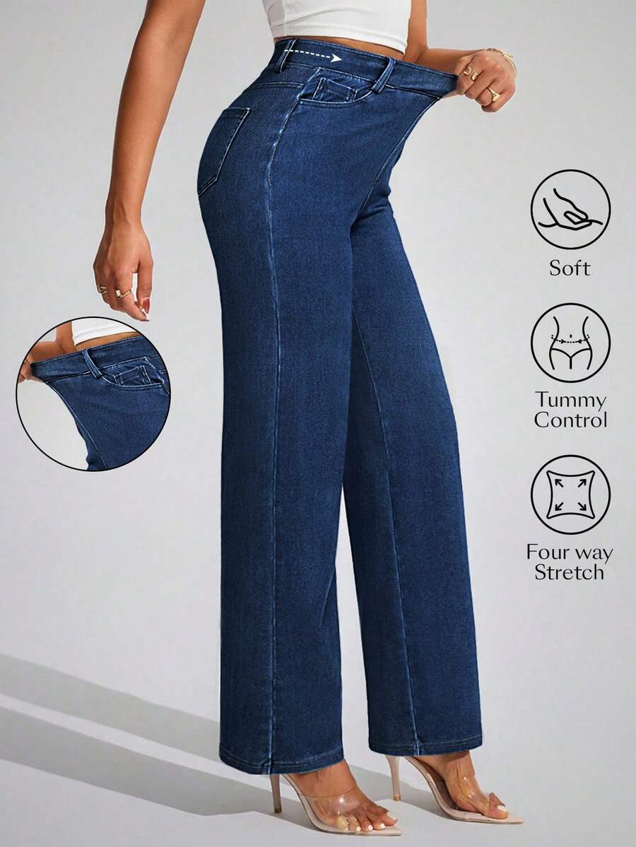 Flexra Women's Pocket Loose Wide Leg Casual Versatile Jeans - Dark Wash - View 1