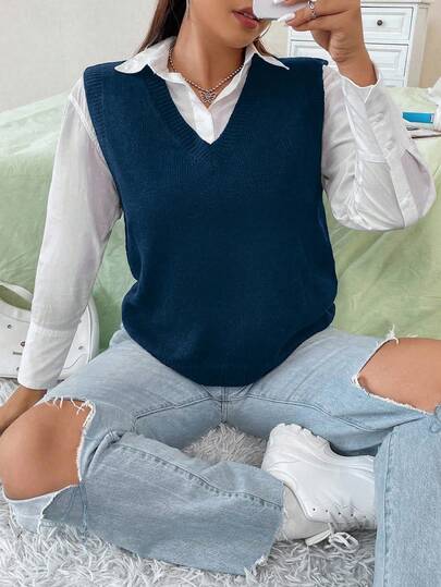 Flirla 大码休闲百搭纯色针织背心