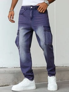 Manfinity Homme 男士直筒宽松休闲工装牛仔裤 - 紫色 - 查看 7