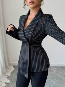 Elenzga 条纹翻领设计休闲长袖收腰女式西装外套 - 黑與白 - 查看 3