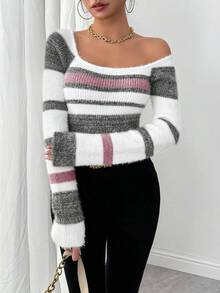 SHEIN LUNE Jersey de cuello cuadrado ajustado con mangas raglán a rayas para mujer, otoño - Multicolor - Ver 5