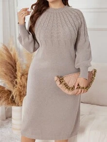 Lacomfia 大码女式优雅麻花圆领插肩袖针织连衣裙，秋冬