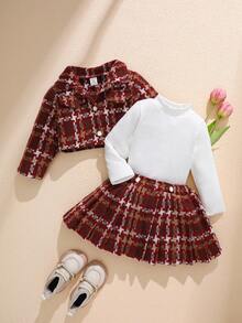 Souflis Souflis 3 件套女婴秋春优雅风格套装、长袖外套和纯色长袖上衣和镀金裙子幼儿圣诞装女婴格子装秋冬 - 紅木色 - 查看 7