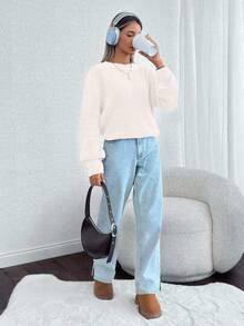 SHEIN Women Solid Color Round Neck Drop Shoulder Chunky Pullover