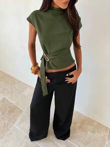 Aloruh Coffee Metal Buckle Decor Women's Stand Collar Short Sleeve Cropped Fashionable Commuter Shirt - Army Green - View 7