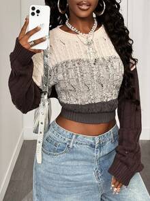 BamGleam Damen Oversized Rundhalsausschnitt Patchwork Strickpullover, Coffee Farbblock Lässig Retro Streetstyle Pullover