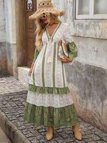 Brillora Fall/Winter Women's Outings For Holiday Date Dresses, Fall/Winter Women's Outings For Vacation V-Neck Fringe Ribbon Lace Edged Casual Texture-Feeling Fabric Printed Women's Dresses, Holiday Shopping Dresses, School Outfits, Very Simple Attire, Women's Country Clothing, Office Attire, Old Money Attire, Teacher Attire, Date Attire, Graduation Season, Fall Women's Clothing, Casual Dresses, Fall/Winter Dresses - Multicolor - View 3