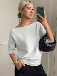 DAZY 女士纯色修身船领半袖休闲优雅针织上衣，秋冬款 - 白色 - 查看 4