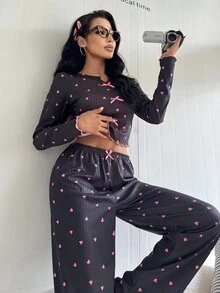 SHEIN 女士罗纹荷叶边心形印花长袖睡衣套装，修身蝴蝶结睡衣，浪漫家居服，秋季服装 - 黑色 - 查看 3