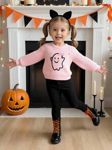 SHEIN Vintaside Kids 女婴万圣节休闲紫色毛衣，带有幽灵和花卉图案，柔软舒适，适合日常、郊游、旅行、度假、居家、日托、玩耍、派对、万圣节 - 粉色 - 查看 9