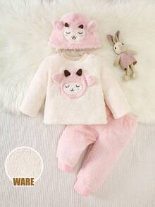 3pcs Baby Girls' Cartoon Sheep Embroidery Pajama Set With Hats,White And Pink,Autumn,Cute,Lounge Fleece Long Sleeve Winter Pajamas,9M-3Y Newborn Girl - Pink - View 2