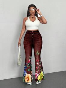 Maweii Pantaloni a zampa di donna taglie forti con stampa floreale e farfalla in finta jeans - Colore mogano - Visualizzare 5
