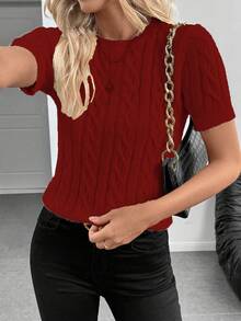 EMERY ROSE Blogger-Inspired Twist Rope Decor Round Neck Knit Sweater, Versatile For Autumn/Winter Cute Red Top Dark Red Top Knit Tops Red Sweater Knit Top Women, Christmas - Red - View 4
