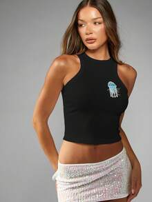 MISSGUIDED Ribbed Sleeveless Crop Top High Neck Summer Beach Wear Party Casual Night Club Festival Fitted Tank With Jellyfish Applique Embellishment - Black - View 4