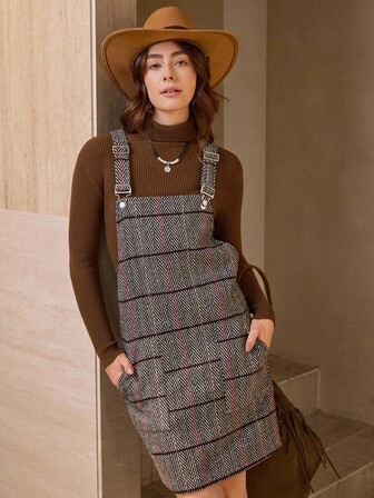 Wildy Casual American Plaid Gray Retro Suspender Dress, Pocket Short Dress, New Style For Winter