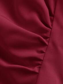 SHEIN MOD 女士V领荷叶边喇叭袖衬衫，收腰设计，酒红色长袖衬衫，女巫风，纽扣衬衫，演唱会女装，嬉皮风，海盗风上衣 - 酒紅色 - 查看 4