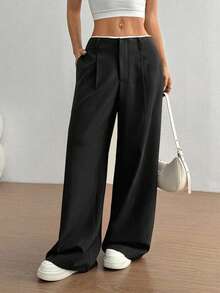 SHEIN Unity 女士百搭腰部拼接高端设计侧袋修身直筒黑色长裤，适合日常、上学、办公和商务场合穿着。 - 黑色 - 查看 5